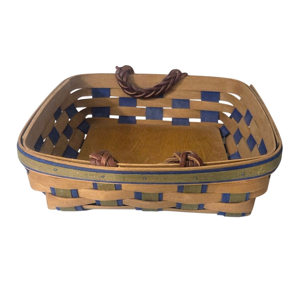 Longaberger 2009 Handmade Basket Blue Green Woven Square Leather Handles USA